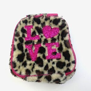 Cheetah Fur Pink Glitter LOVE Lunchbox Vinyl Interior Zip Around Purse Kitschy